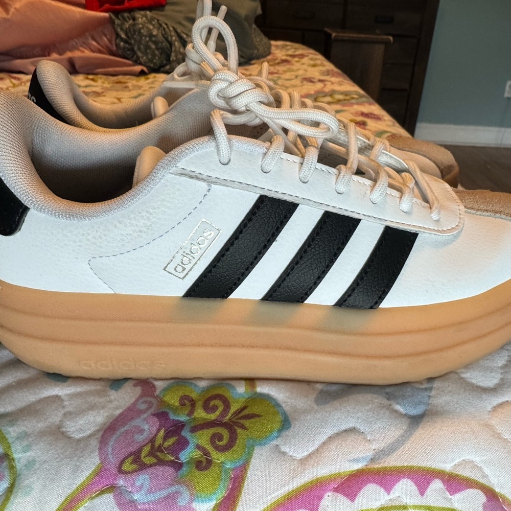 Adidas White and Black Sneakers with Tan Sole